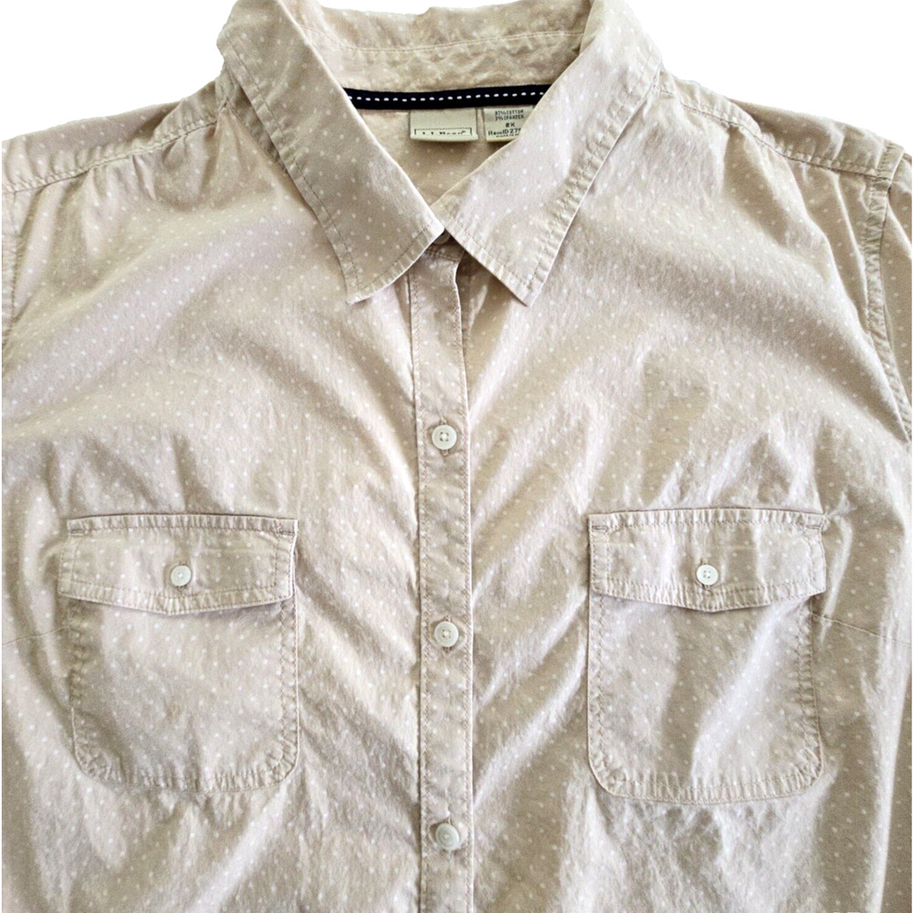LL Bean Shirt Womens 2XL Tan Polka Dot Roll Tab Sleeve Preppy Minimalist Casual